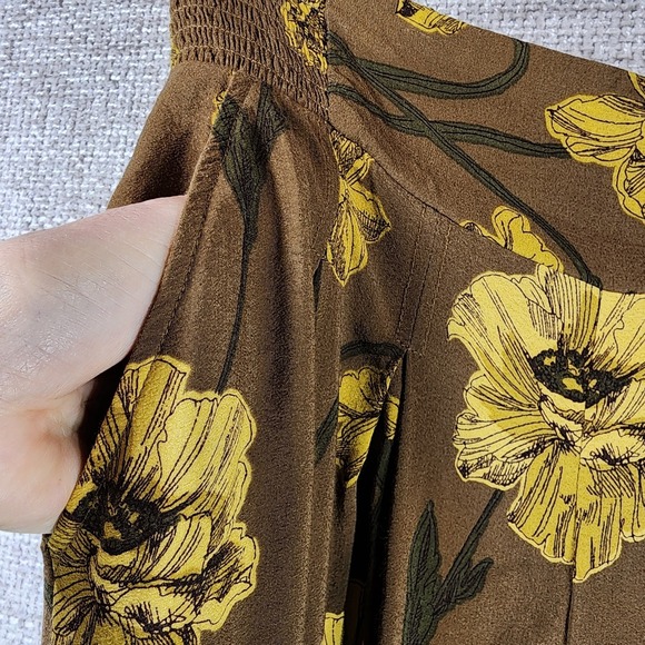 Anthropologie MAEVE Terrace Floral Wide Leg Pants Womens 2 Brown Gold Smocked - Picture 3 of 14